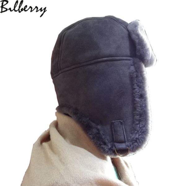 Winter Ladies Earflaps Real Sheepskin Leather Hat Russian Style Ushanka Trapper Hat