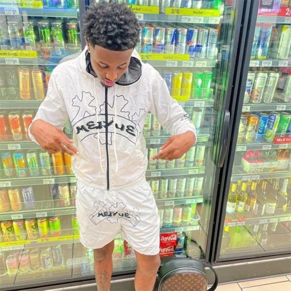 Custom Double Layer Nylon Hoodies Oversized Jacket Cropped Shorts Jogging Suit Unisex Wiindbreaker Zip up Hoodie and Short Set