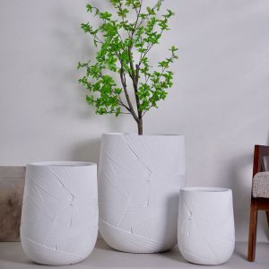 Quality Radial Geometric Pattern Neutral White Round Fiber Clay Plant Pot for sale