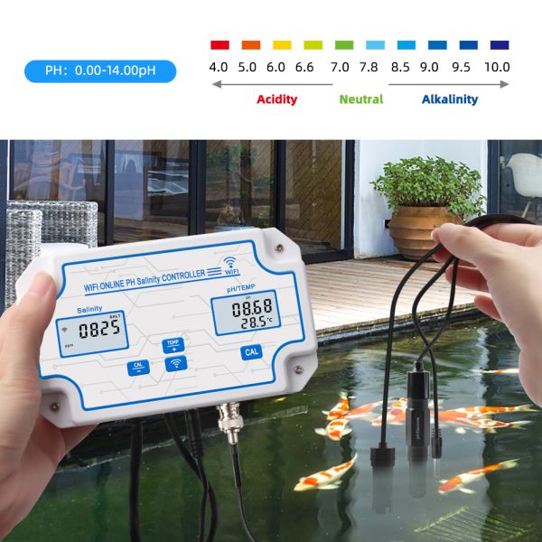 Tuya Online Salinity Meter with 0~199.9ppt Range and 0~14.0pH Multiparameter Water Quality Tester for Mariculture and Aquarium