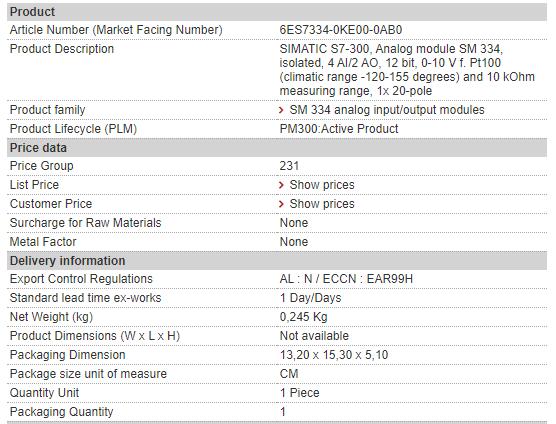 6ES7334-0KE00-0AB0 6ES7 334-0KE00-0AB0 Siemens Analog I/O module