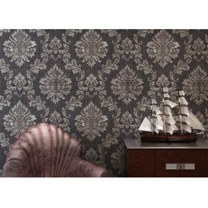 Removable Embossed Vinyl Wallpaper with Sliver and Black Damask Pattern
