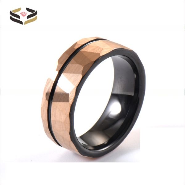 Jewelry Main Material Tungsten 8mm Black Rose Gold Faceted Ring for Geometric Engagement and Anniversary