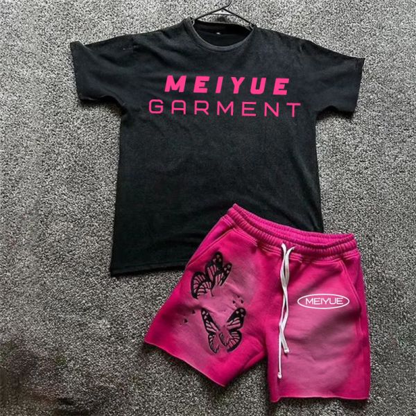 Custom Streetwear Boxy Heavyweight Two Piece Short Set Screen Printing Tee Distressed Acid Wash Vintage T Shirt and Shorts Set