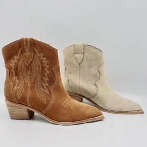 Fashion Womens Leather Dress Boots Brown / Beige With Flower Embroidery