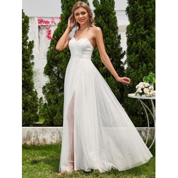 Exquisite One-shoulder Sweetheart Ruffled A-line Zipper Pleated High Slit Burnt Orange Tulle Evening Dress