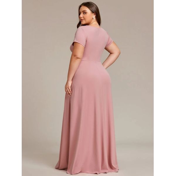 Simple Plus Size V-neck Empire Waist A-line Short Sleeve Zipper Burgundy Chiffon Evening Dress
