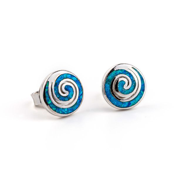 925 With Sterling Silver Vintage Greek Key Blue Meander Opal Spiral Stud Earrings For Women