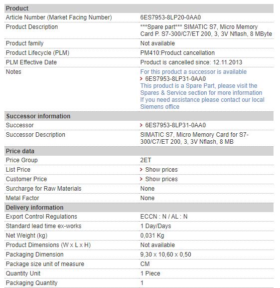 6ES7953-8LP20-0AA0 6ES7 953-8LP20-0AA0 Siemens Memory Card