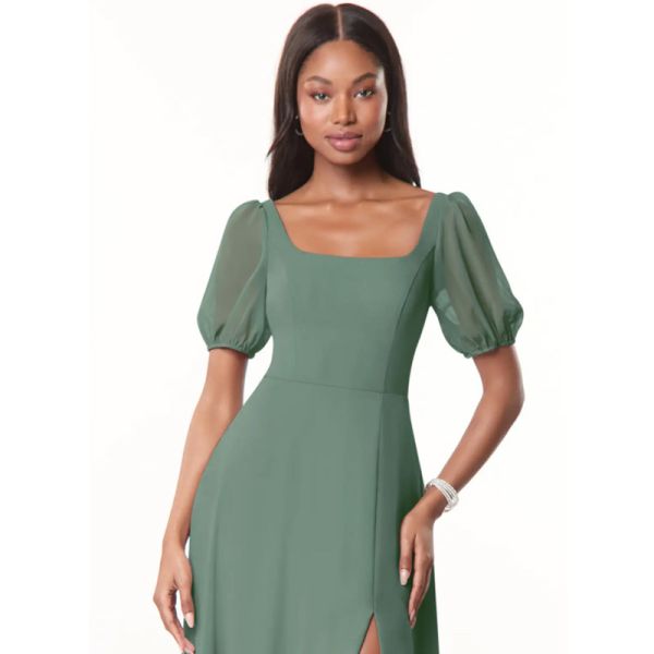 Wholesale Keyhole Back Square Neckline Chiffon Long Bridesmaid Dress Floor-Length A-Line Short Sleeve Front Split Slit