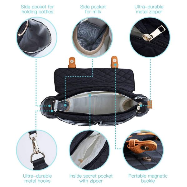 2 Side Bottle Pockets Baby Stroller Organizer Bag Magnetic Buckles