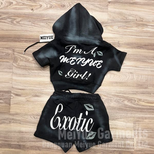 Custom Cropped Top Acid Washed Vintage Zip up French Terry Zip up Hoodie Women Ladies Jogging Suit Hoodie and Shorts Set