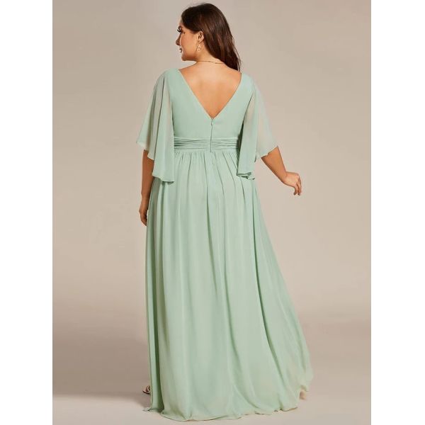 Empire Plus Size V-neck Ruffled A-line Invisible Zipper Half Flutter Sleeves Mint Green Chiffon Bridesmaid Dress