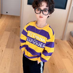 Green And Black Boys Striped Crewneck Sweater Letter Printed