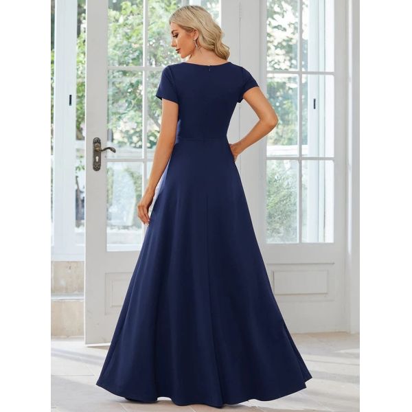 Sexy Custom Size V-neck Simple Pleated Empire Waist A-line Short Sleeve Navy Blue Satin Party Dress