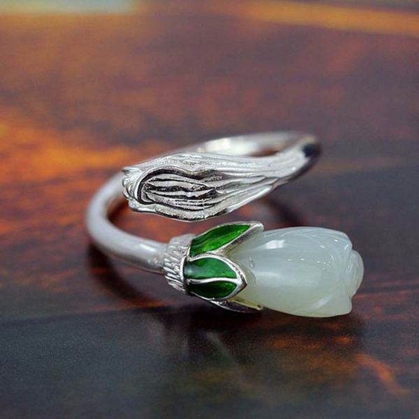 Adjustable Retro Enamel 925 Sterling Silver Natural Hetian Jade Ring (R1706191)