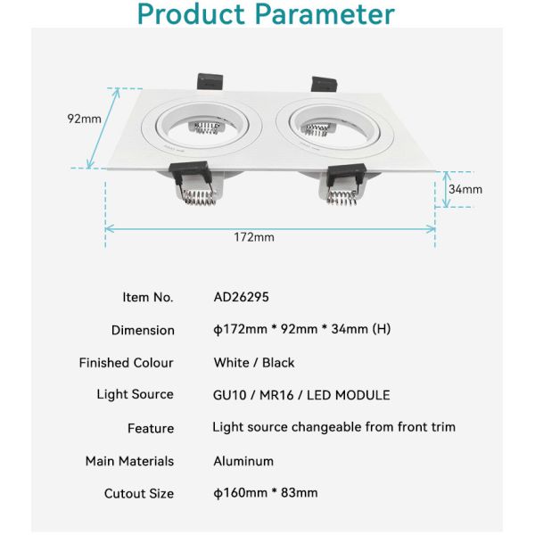 Dual-Head Square Recessed Spotlight 20° Tilt & Rotating Housing