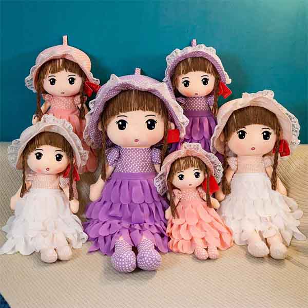 Cute Purple Dress And White And Pink Skirts Plush Rag Doll With Cap 12 Inches