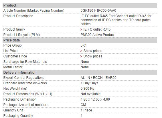 6GK1901-1FC00-0AA0 6GK1 901-1FC00-0AA0 Siemens Industrial Ethernet Fast Conct