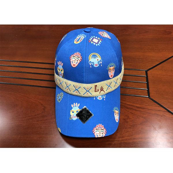 Durable 100% Polyester Printed Baseball Caps 6 panel With Woven Band