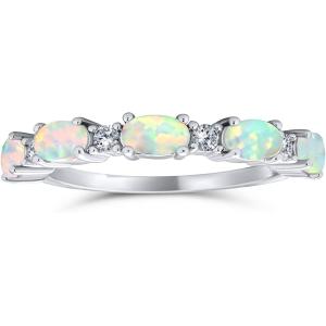 Thin CZ Accent Stackable 1/2 Eternity Oval Blue Pink Created Opal Band Ring For