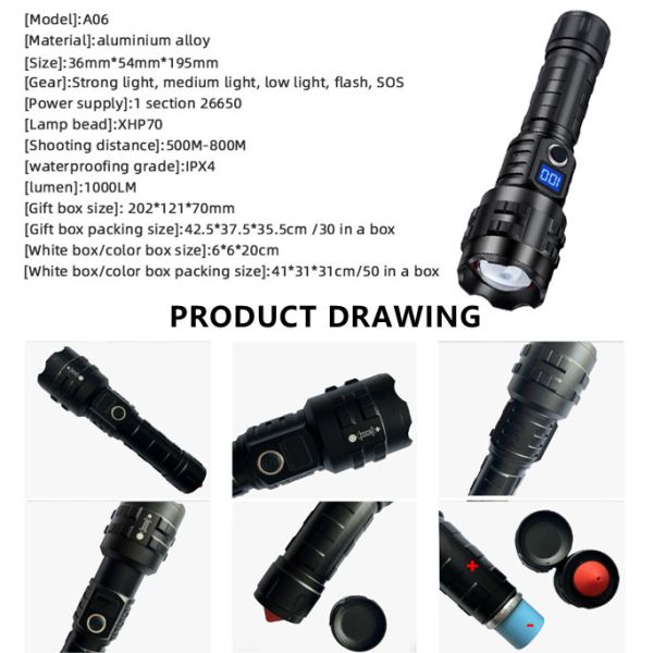 Digital Display Aluminum Alloy LED Flash light Outdoor Long Range Zoom IP65