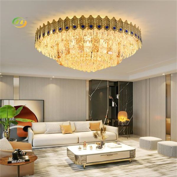 Restaurant Modern Style Gold Iron and Crystal LED Round Ceiling Light for Living Room Bedroom or Hotel
