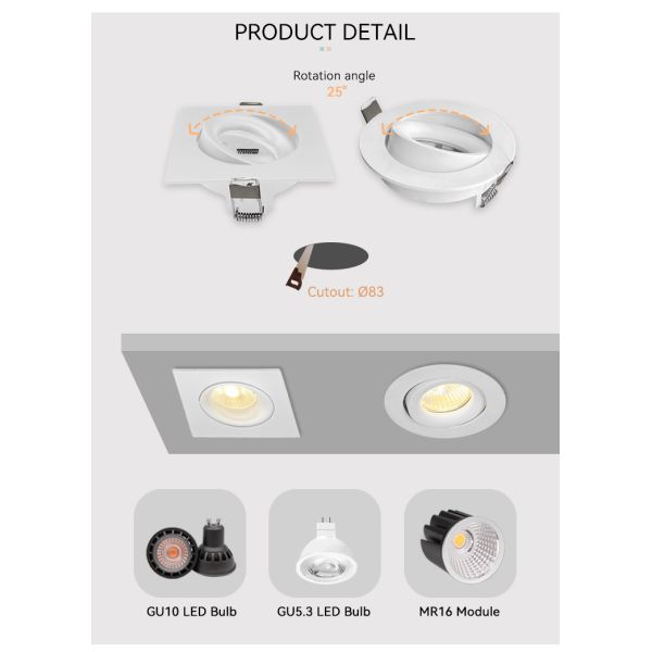 Renewable Material GU10 Downlight Housing Square Tilted MR16 Downlight Housing