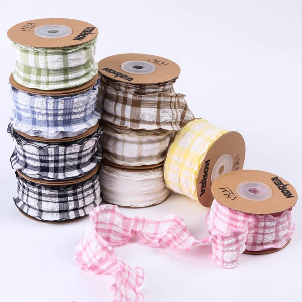 Korea Lattice Blue And White Gingham Ribbon 38mm Polyester Pink Tartan Ribbon