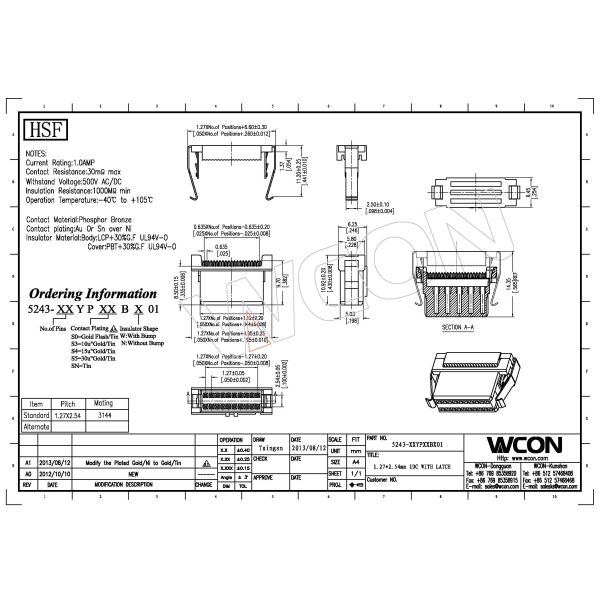 WCON 1.27*2.54mm 2* 10 Pin Idc Connector LCP 30%GF UL94V-0 Phosphor Bronze Sel Au/Sn