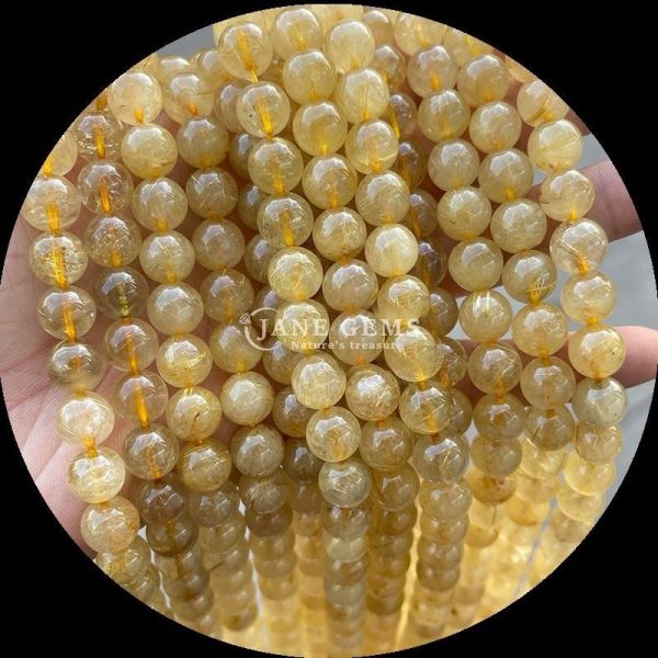 Polished Gemstone Round Cut Fire Quartz Golden Rutilated Quartz Bead Strands for DIY Jewelry Making