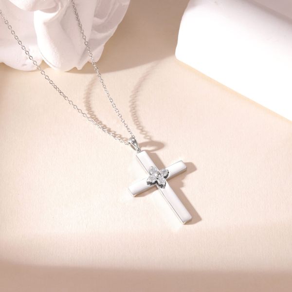 Stainless Steel Cross Pendant Necklace with Clear Zircon Stone Flower