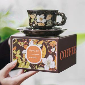 Eco Friendly Drinkware Ceramic Tea Cup Set Gift Box With Brown Porcelain Flower