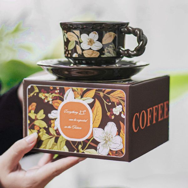 Eco Friendly Drinkware Ceramic Tea Cup Set Gift Box With Brown Porcelain Flower