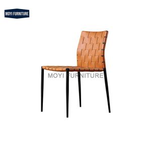 Dining Custom Nordic Design Office Accent Chair Metal Legs Weaving Orange Saddle Leather Dining Weaving Furniture