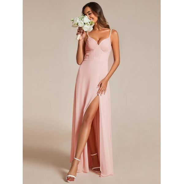 Empire A-line Ruffled V-neck Spaghetti Strap High Slit Corset Top Zipper Pink Chiffon Bridesmaid Dress