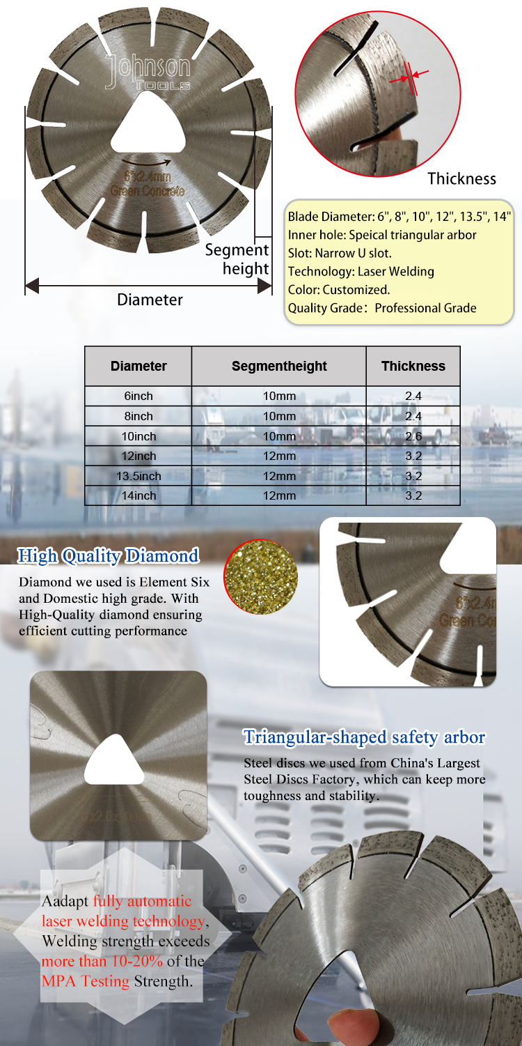Soff Cut Laser Welded 6 Inch Diamond Saw Blades For Green Concrete Cutting