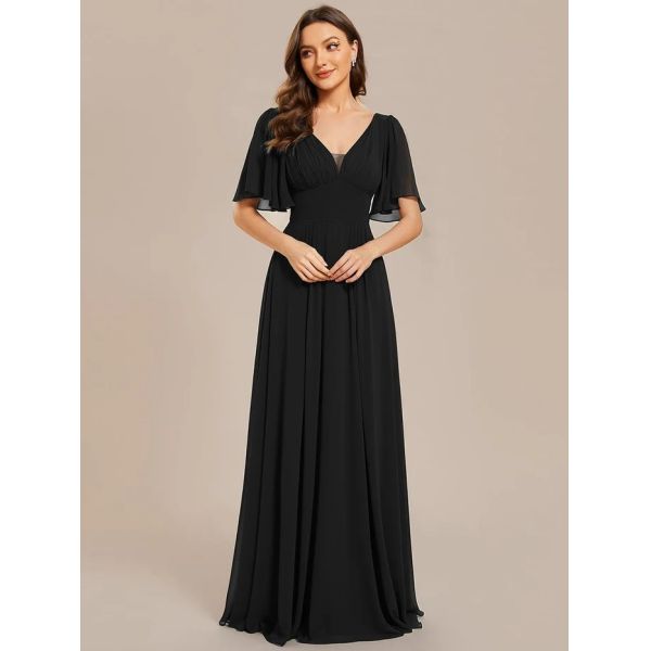 Simple V-neck Zipper Short Sleeves Empire Waist A-line Maxi Ruffled Black Chiffon Evening Dress
