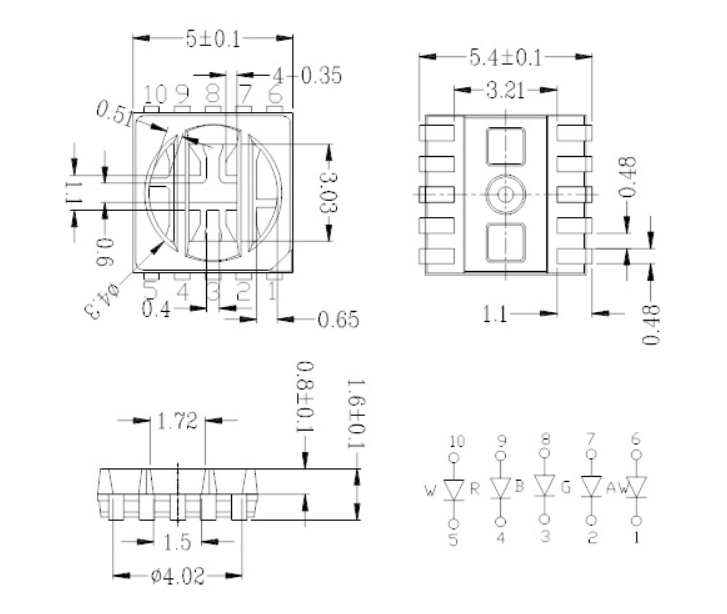 5-In-1 5050 RGBW LED Diode 120 Deg 8Pins Clear Lens 1W PCT Bracket SMD RGB LED