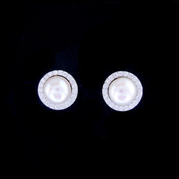 Buy Personalized Silver Pearl Earrings / Hollow Style Round Pearl Stud Earrings at wholesale prices