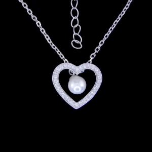 Natural Pearl Drop Necklace Silver / Heart Pendant Necklace With Rhinestone