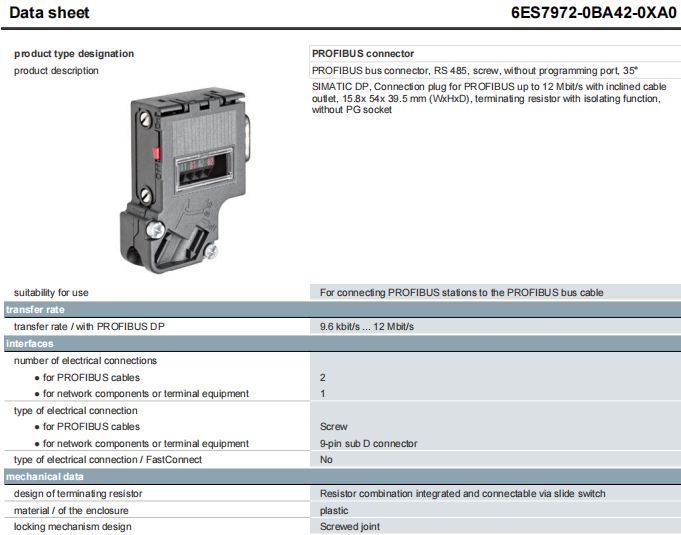 6ES7972-0BB70-0XA0 SIMATIC Siemens DP connector bus connector 100% Original