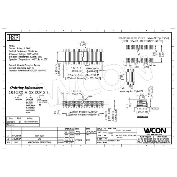 1.27mm Female Dual Row Header Connector SMT PA9T BK H=3.5 G/F