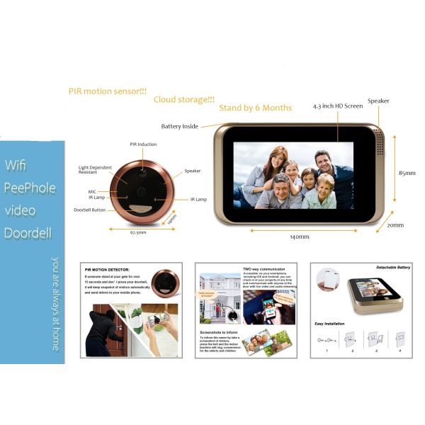 Wifi Peephole Wireless Security Doorbell Weatherproof 160 Degree Wide Angle