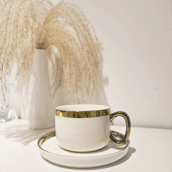 250ml Ceramic Cappucinno Cup And Saucer Set With Gold Rim Luxury Porcelain
