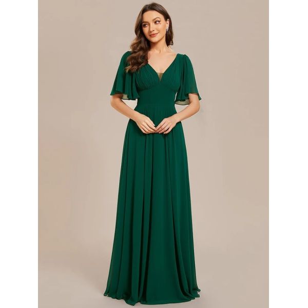 Simple V-neck Zipper Short Sleeves Empire Waist A-line Maxi Ruffled Dark Green Chiffon Bridesmaid Dress