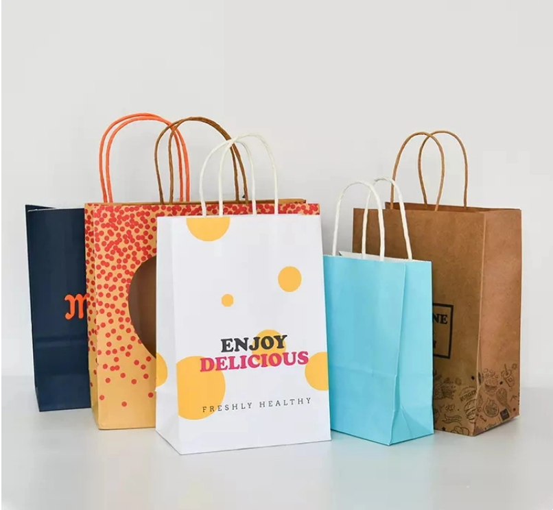 Custom Restaurant Food Delivery Take Out Packaging Bag Design Your Own Logo Flat Handle Takeaway Carry Brown Kraft Paper