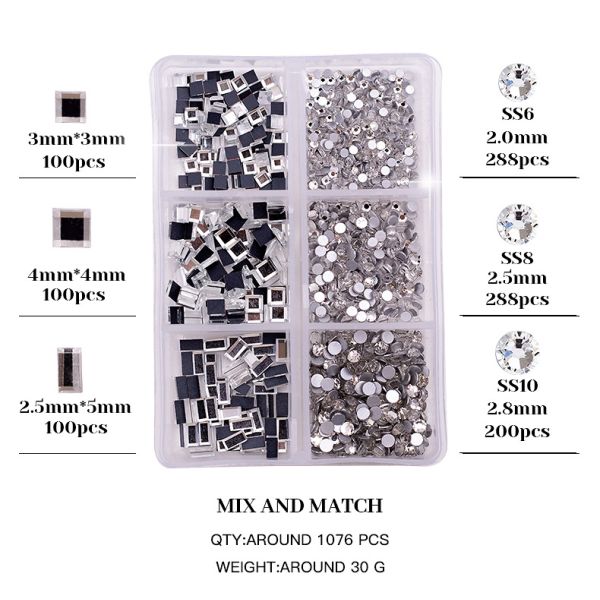 Nail SPA 6 Grid Mix Flat Bottomed Glass Shaped Drill Crystal Multi Shape Glass Diamonds