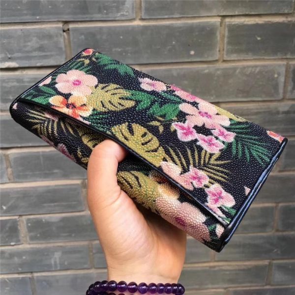 Authentic Stingray Skin Female Long Flower Trifold Wallet Genuine Leather Lady Large Clutch Bag Women Floral Coin Purse