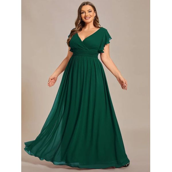 Empire Plus Size V-neck Open Back Ruffled A-line Cap Sleeves Dusty Navy Chiffon Evening Dress